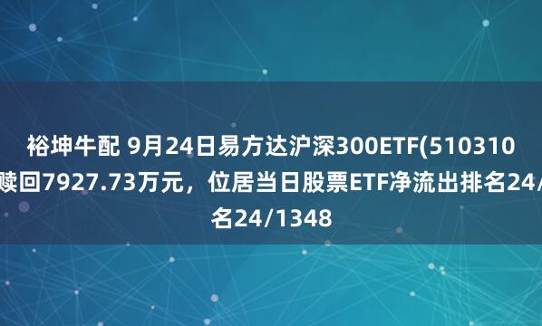 裕坤牛配 9月24日易方达沪深300ETF(510310)遭净赎回7927.73万元，位居当日股票ETF净流出排名24/1348